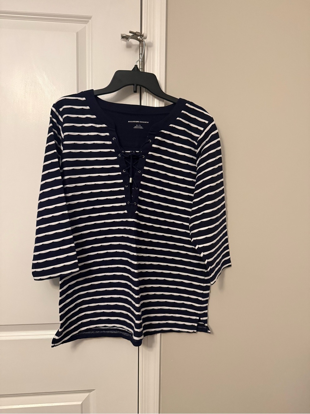 Allison Daley Navy & White Lace-Up Striped Long Sleeve Tee